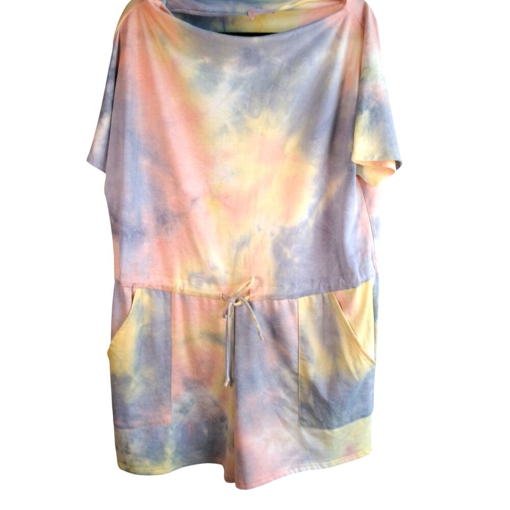 Pink Lily Tie Dye Utility Romper Shorts Pastel Drawstring Women's Size L